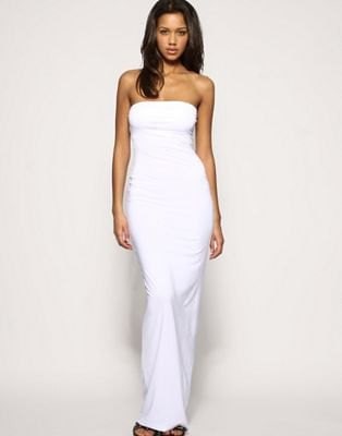 White Tube Bodycon Maxi Dress with Black Open Toe Heels