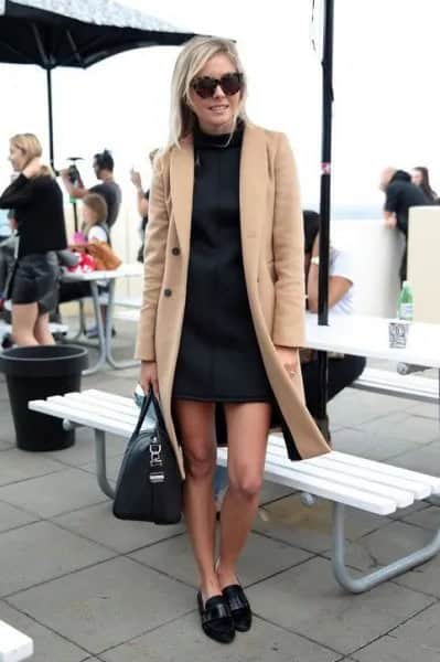 Camel Wool Longline Coat with Black Penny Suede Shoes