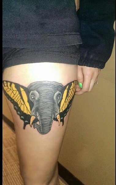 Elephant Tattoo Design that has Ear like Butterfly on Thigh