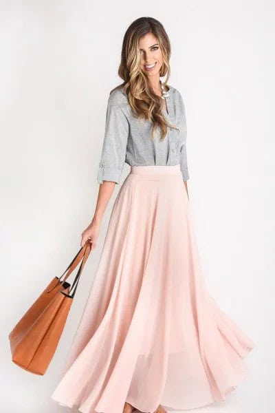 Grey Cotton Button Up Shirt with Pale Pink Chiffon Maxi Skirt