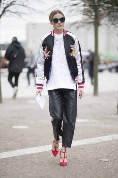 White and Black Embroidered Bomber Jacket with Knit Sweater