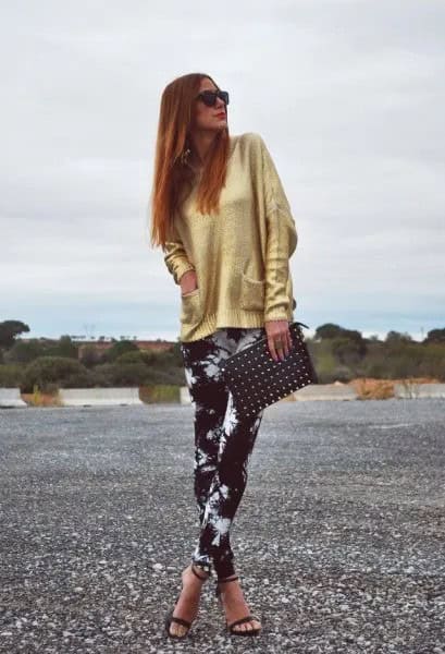 Golden Sweater with Black and White Tie Dye Leggings & Open Toe Heels