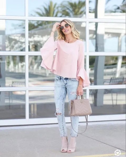 Light Pink Bell Sleeve Blouse with Slim Fit Ripped Jeans