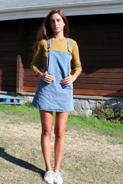 Green Ribbed Knit Sweater with Light Blue Denim Overall Dress