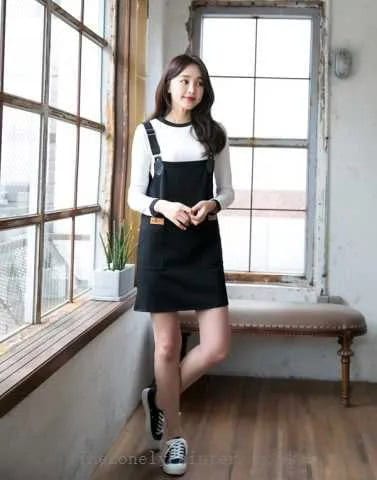 White Long Sleeve Tee with Black Suspender Mini Shift Dress