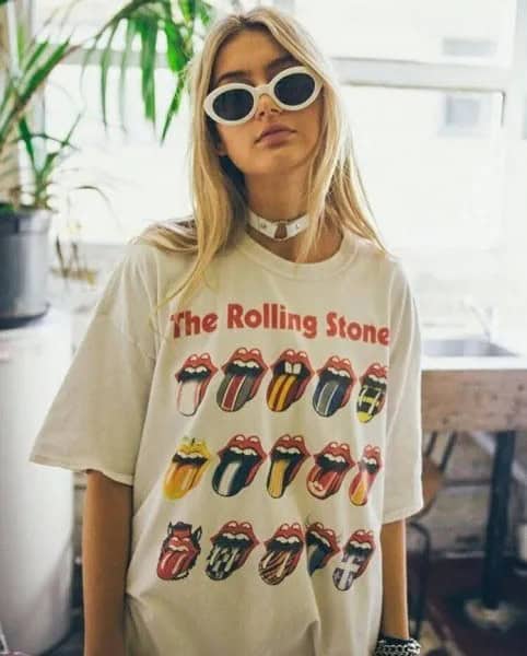 White Oversized Rolling Stone T Shirt with High Waisted Blue Jeans