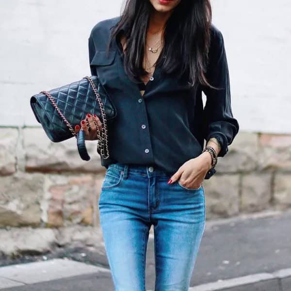 Black Button Down Slim Fit Shirt with Light Blue Skinny Jeans