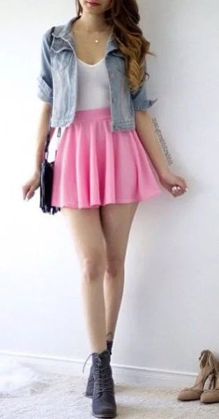 Pink Pleated Tennis Skirt with Short Denim Jacket