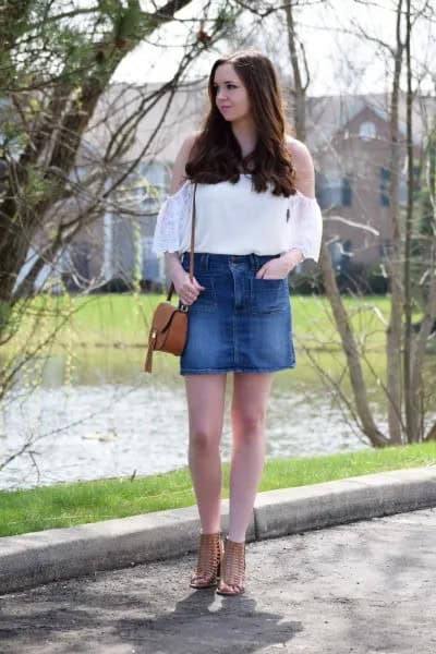 White Cold Shoulder Top with High Waisted Blue Denim Mini Skirt