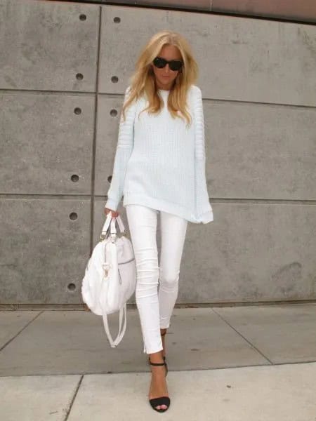 White Relaxed Fit Ribbed Knit Sweater with Matching Skinny Cropped Jeans