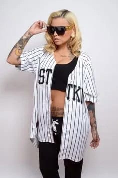 White and Black Oversized Baseball Jersey Shirt with Black Sport Bra Top