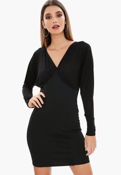 Black V Neck Batwing Mini Dress