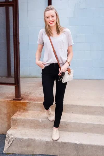 Light Grey Scoop Neck Tee with Black Skinny Jeans & Oxford Shoes