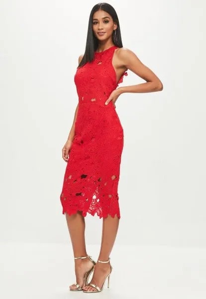 Red Sleeveless Sheath Midi Lace Dress