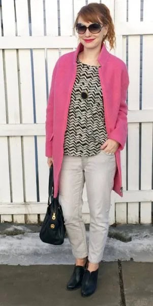 Neon Pink Coat with Black and White Patterned Sweatshirt