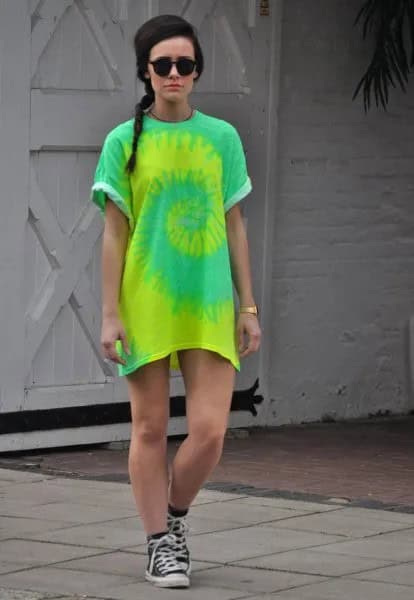 Yellow and Green Tie Dye T Shirt Dress with Sneakers