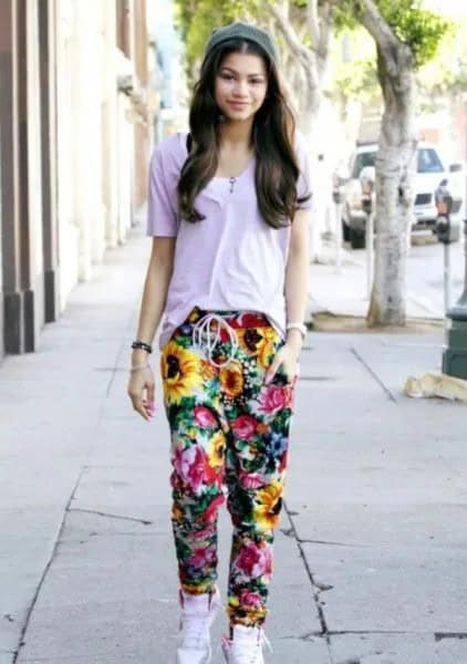 Grey T Shirt with Floral Baggy Pants & White High Top Sneakers