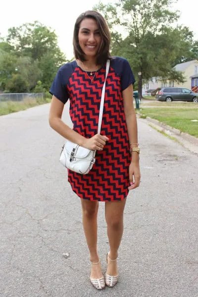 Navy and Red Zig Zag Printed Mini Shift Dress with Silver Strappy Sandals