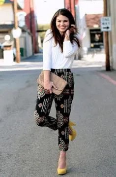 White Long Sleeve Top with Black Printed Pants & Yellow Heels