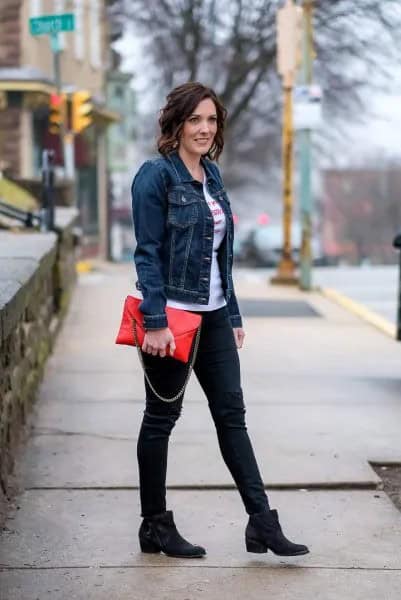 Dark Blue Denim Jacket with White Tee & Black Slim Fit Jeans