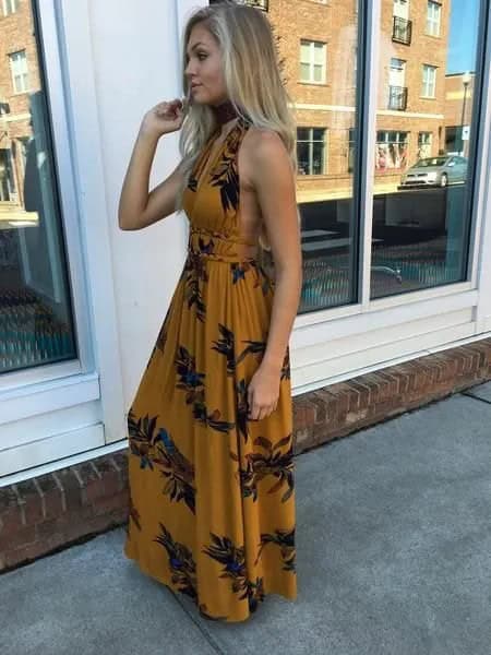 Orange and Black Floral Printed Backless Maxi Sundress