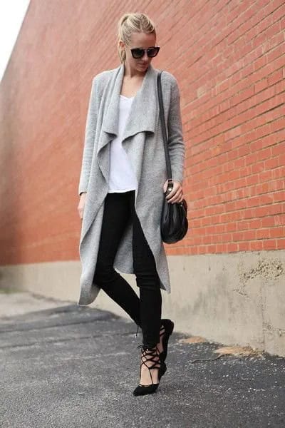 Longline Grey Cashmere Cardigan with Black Skinny Jeans