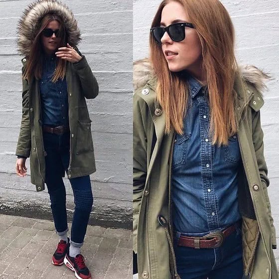 Green Parka Jacket with Chambray Shirt & Skinny Jeans