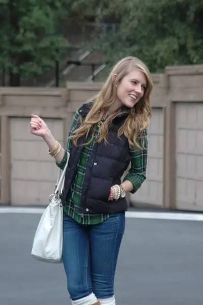 Black Quilted Vest with Grey and Navy Blue Plaid Boyfriend Shirt