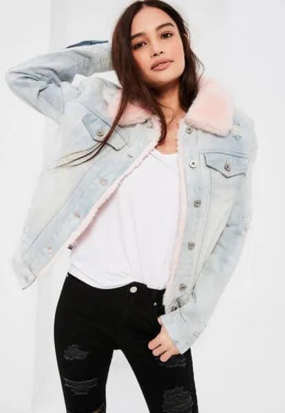 Light Blue Fur Lined Denim Jacket with White Tee & Black Skinny Jeans