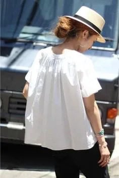 White Short Sleeve Blouse with Straw Hat & Black Jeans