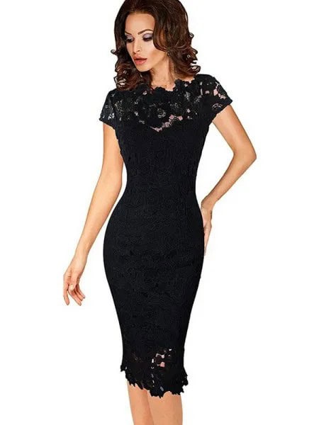 Black Cap Sleeve Bodycon Lace Midi Dress