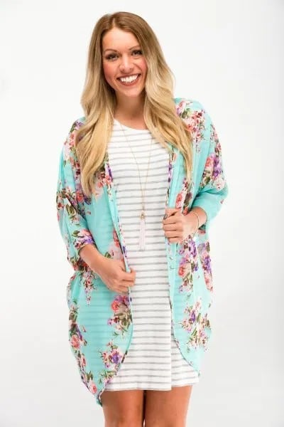 Light Blue Floral Cardigan with Grey and White Striped T Shirt Dress