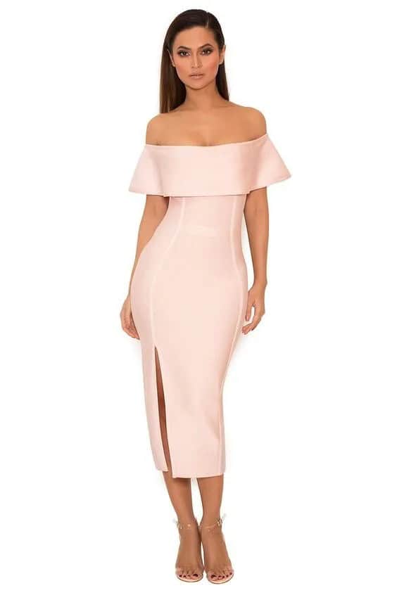 Off-The-Shoulders Slitted Pink Bandage Dress