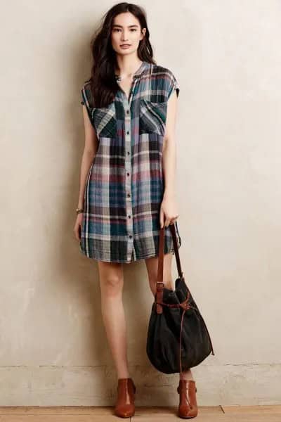 Sleeveless Plaid Tunic with Brown Leather Ankle Boots