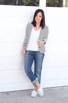 Striped Blazer with White Tee & Greyish Blue Boyfriend Jeans