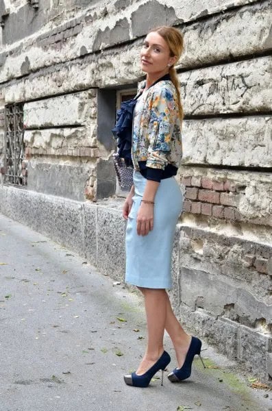 Floral Jacket with Sky Blue Pencil Skirt & Black Heels