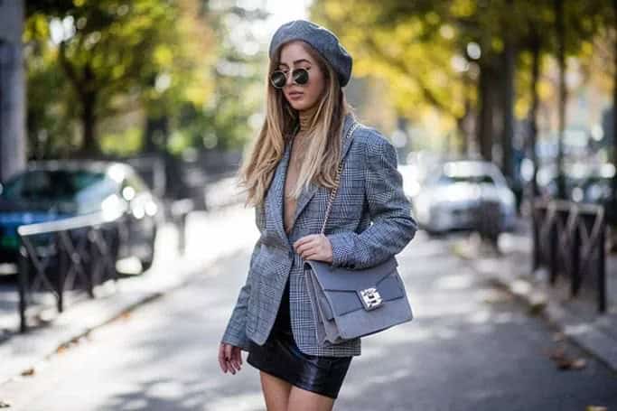 Tweed Grey Plaid Oversized Blazer with Black Mini Leather Skirt