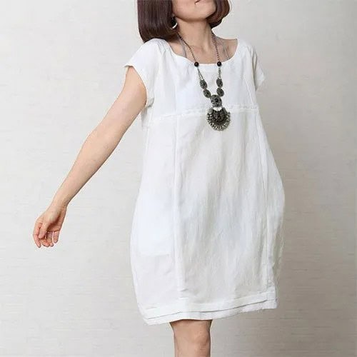 Short Sleeve Mini White Cotton Dress with Boho Necklace