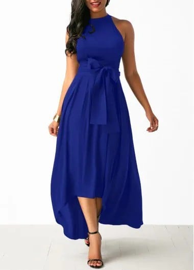 Halter Fit and Flare Maxi Tie Waist Maxi Dress with Open Toe Heels