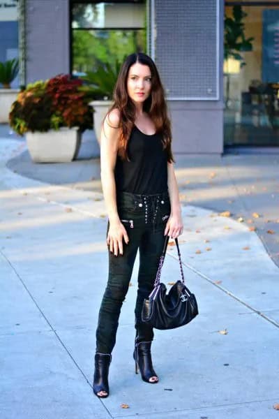 Black Tank Top with Moto Lace Up Pants