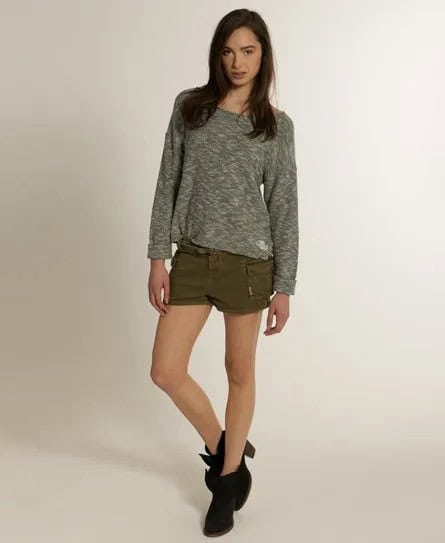 Heather Grey Comfy Sweater with Khaki Cargo Mini Shorts