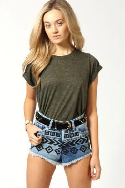 Grey T Shirt with Blue and Black Printed Cute Jean Shorts