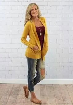 Mustard Yellow Casual Cardigan with Grey Scoop Neck Tank Top