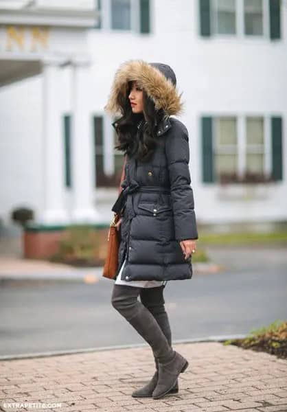 Black Longline Fur Hooded Down Jacket with White Tunic Dress