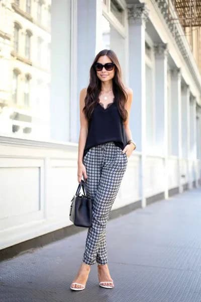 Plaid Print Pants with Deep V Vest Top