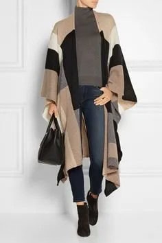 Color Block Long Cashmere Wrap with Grey Turtleneck Sweater