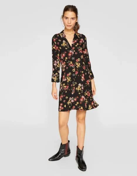 Black V Neck Floral Printed Mini Long Sleeve Dress with Leather Boots