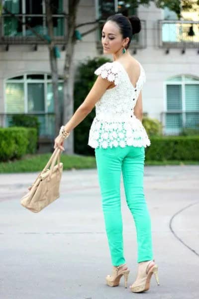 White Low Back Lace Peplum Top with Grey Skinny Jeans