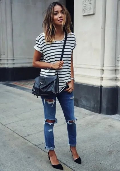 White and Black Striped T Shirt with Skinny Jeans & Leather Shoulder Bag