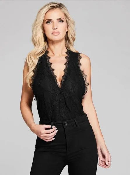 Black Lace Deep V Neck Bodysuit Blouse with Skinny Jeans